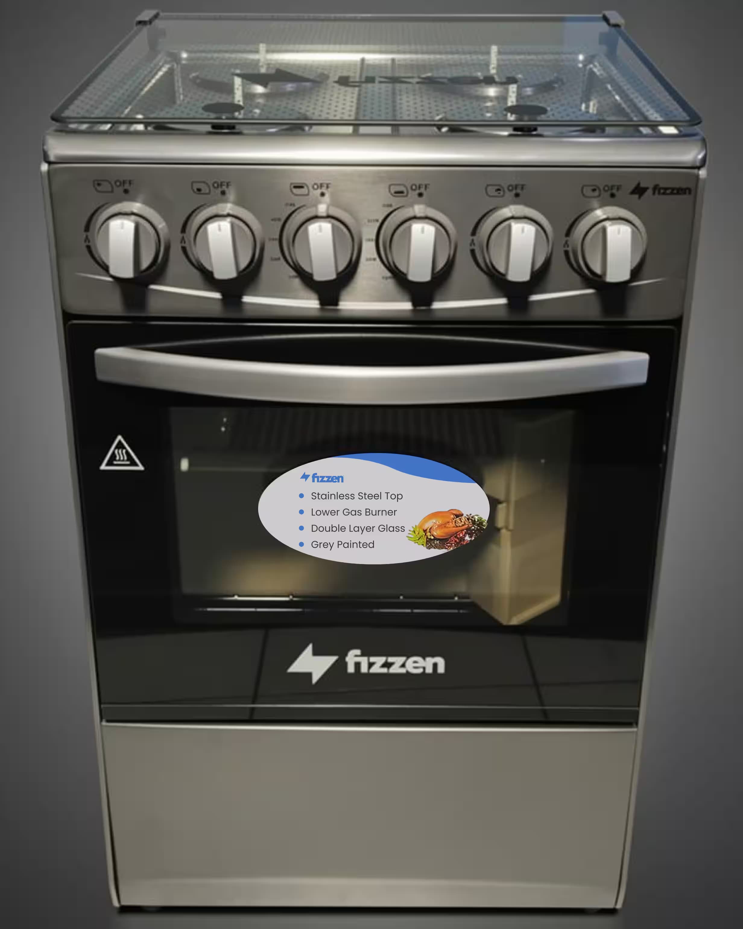 Fogão Fizzen 50*50 com ignição automática, 4 bocas a gás + queimador duplo - Cinza